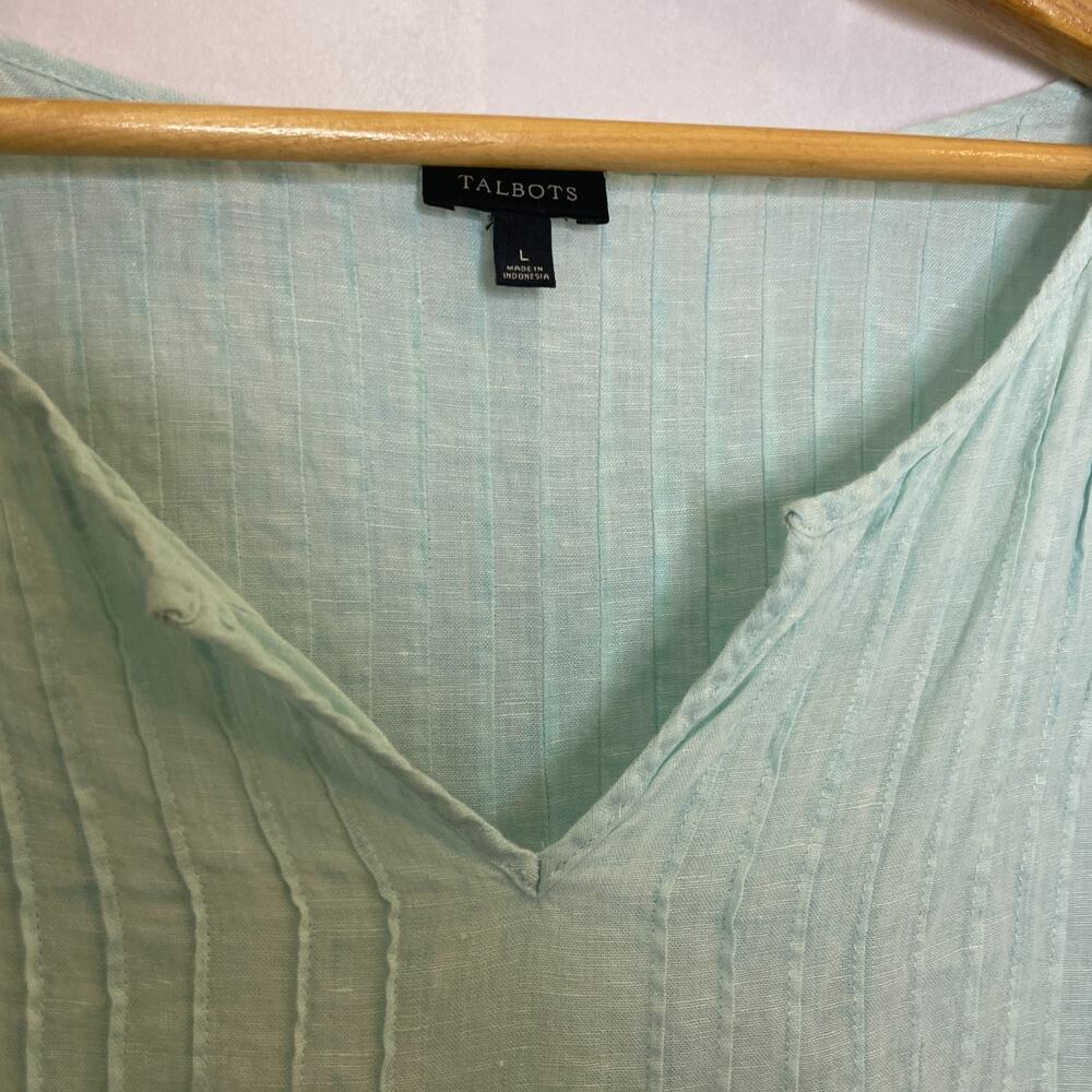 Women's Large Talbots 100% Linen Teal Blue Pleated Blouse Lightweight - Picture 3 of 5